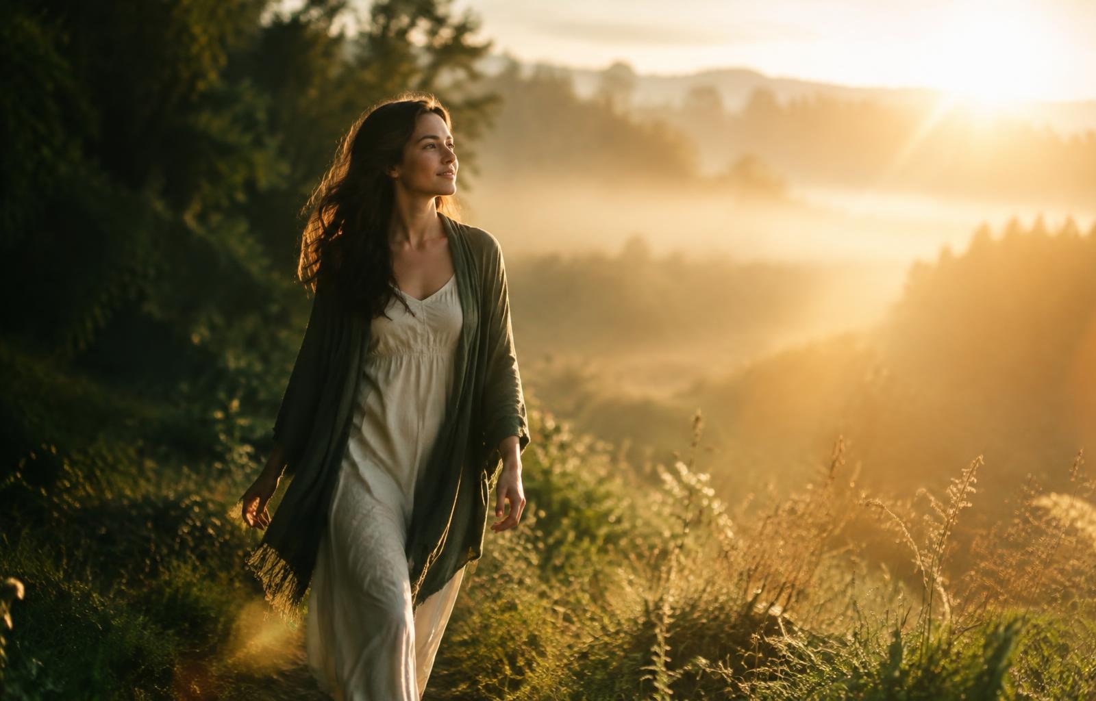 A woman walking peacefully toward golden sunrise light